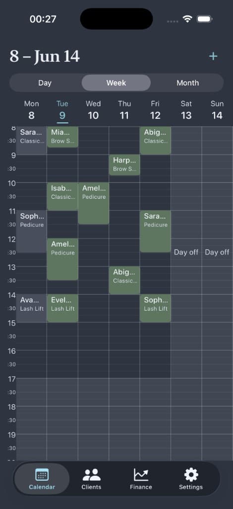 Polished Edge calendar week view with color-coded appointments