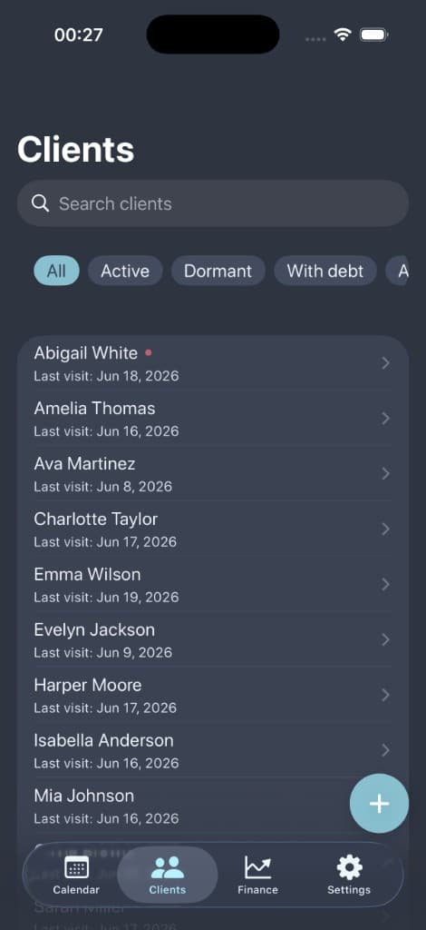 Polished Edge clients list with search and filters