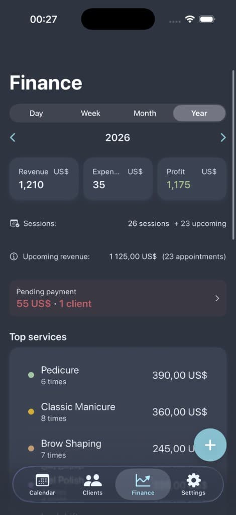 Polished Edge finance dashboard with revenue and expenses